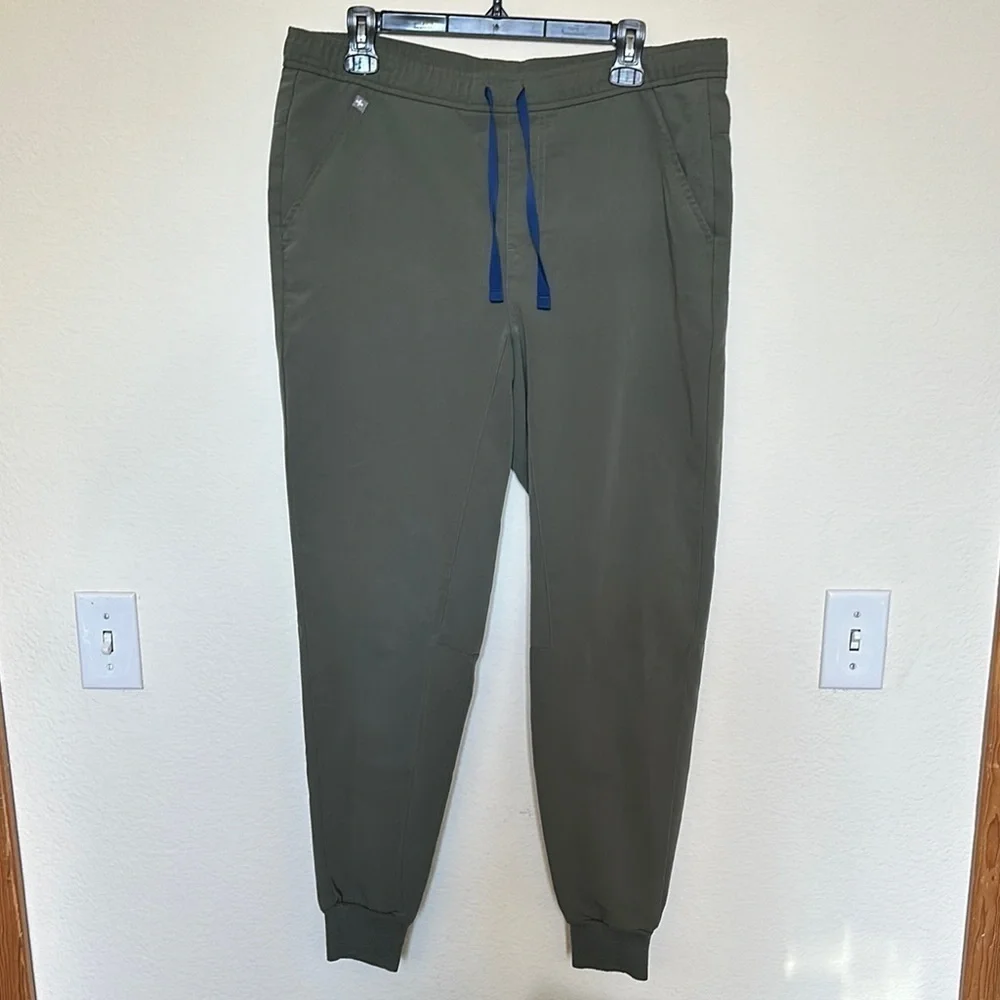 Figs Scrubs Olive Green Joggers with Blue Drawstring